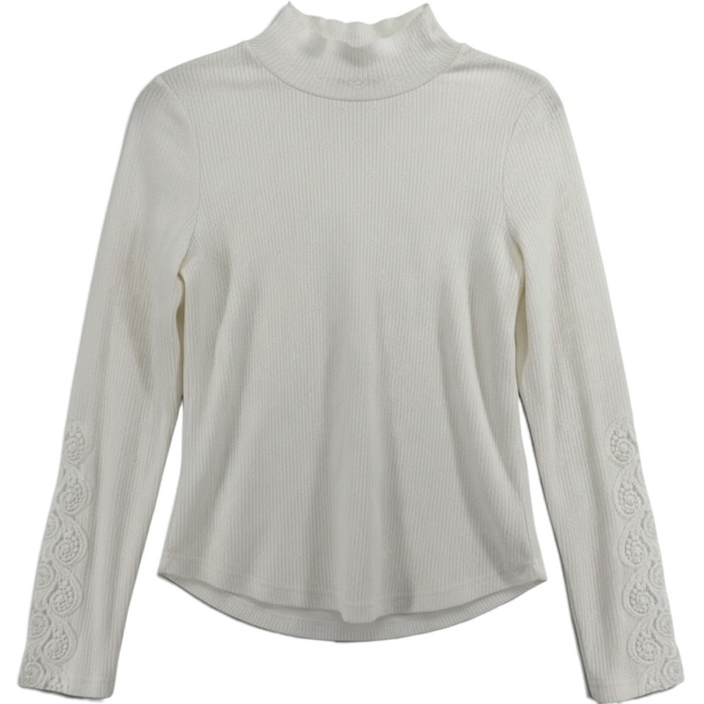Miss Me Womens Cream Ribbed Mock Neck Lace Sleeve Top Size Small Rock and Roll